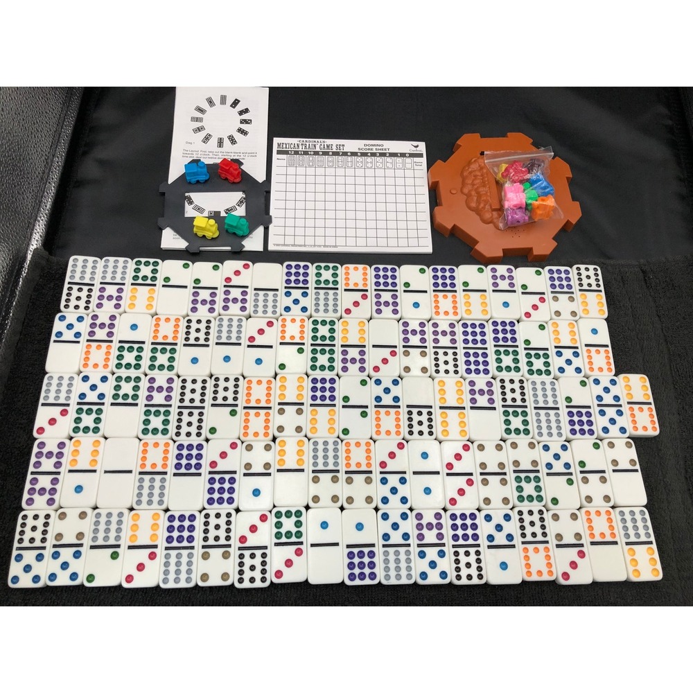 Vtg 90s Cardinal Double 12 Dominoes Mexican Train 91 Tiles 16 Game Set COMPLETE